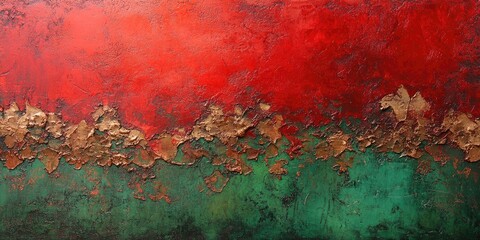 Leinwandbilder - Vibrant abstract artwork featuring bold red and green hues with textured gold leaf accents, creating a striking visual contrast in layered composition.