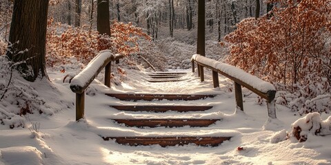 Fototapete - Snowy wooden steps leading through a tranquil winter forest with snow-covered ground and trees, warm light filtering through frosted branches.