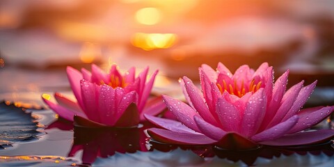 Aufkleber - Pink water lilies with soft dewdrops floating on calm water, illuminated by warm sunset hues in the background, creating a serene and tranquil scene.