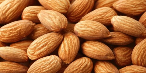 Poster - Close-up view of numerous raw almond nuts arranged in a scattered pattern showcasing their textured brown shells with natural lighting accents.