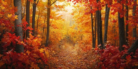 Fototapete - Vibrant autumn landscape with orange and red maple leaves lining a serene forest path illuminated by warm sunlight in a tranquil setting.