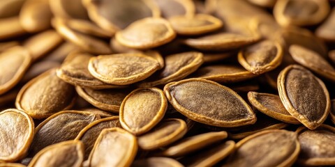 Poster - Golden pumpkin seeds scattered closely with smooth surfaces and slight shadows highlighting their textures in warm earthy tones.