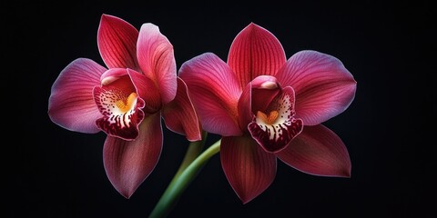 Leinwandbilder - Vibrant red orchids with intricate patterns against a dark background showcasing their natural beauty and elegance in a close-up composition.
