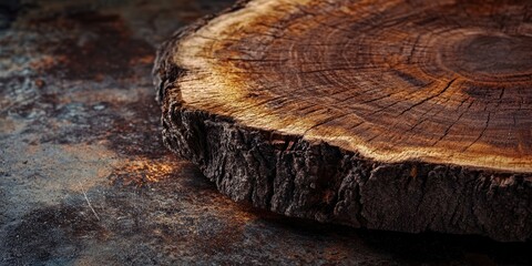 Wall Mural - Rustic wooden tree stump on a textured dark background with warm brown tones highlighting the detailed tree rings and rough edges of the wood.