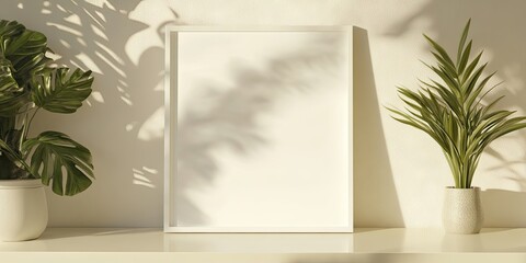Poster - Modern mockup featuring a white frame with a blank sheet centered against a soft beige wall complemented by green plants on either side.
