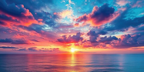 Poster - Vibrant sunset sky reflecting in calm sea with colorful clouds transitioning from orange to blue creating a peaceful and breathtaking nature scene