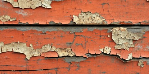 Aufkleber - Peeling red paint on weathered wooden planks with visible cracks and textures creating a rustic and vintage background can be used for various designs.