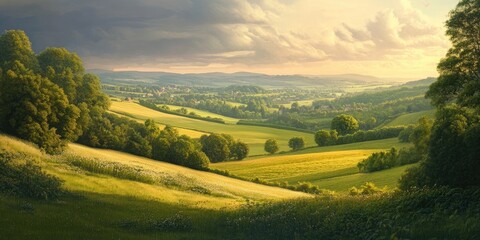 Poster - Rolling green hills ascend over golden pastures and dotted trees under soft clouds, creating a serene rural landscape at sunset.