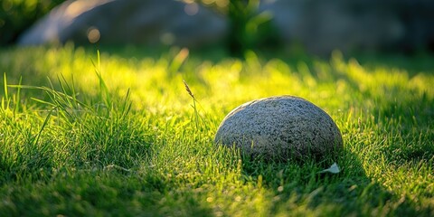 Aufkleber - Serene outdoor scene featuring a smooth gray stone positioned centrally on lush green grass illuminated by warm sunlight, creating a tranquil ambiance.