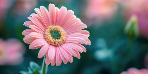 Poster - Delicate pink gerbera daisy in focus surrounded by soft pastel blooms. Green background enhances floral beauty, evoking tranquility and freshness.