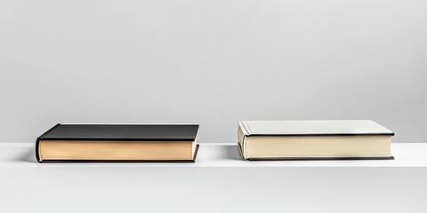 Poster - Books with black and white covers placed on a minimalist white shelf, highlighting contrasting colors and textures against a light gray background.