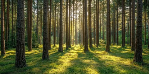 Fototapete - Sunlit forest scene with tall pine trees positioned symmetrically, golden sunlight streaming through, casting long shadows on lush green grass.
