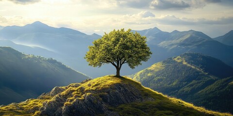 Fototapete - Solitary green tree atop rocky hill surrounded by lush mountains under soft sunlight with dramatic clouds creating a serene landscape atmosphere.