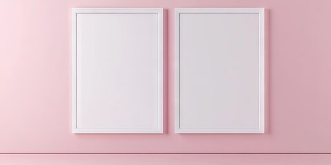 Leinwandbilder - Minimalist gallery wall with two empty white frames on a soft pink background, centered and evenly spaced for a modern aesthetic.