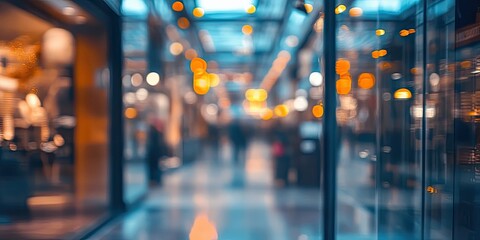 Aufkleber - Shopping center ambiance with soft focus, warm orange and cool blue lights, showcasing blurred figures and reflections in glass panels.