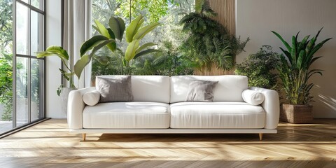 Wall Mural - Modern white sofa with cushions in a sunlit, plant-filled living room featuring large windows and natural wooden flooring, creating a serene ambiance.