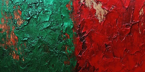 Leinwandbilder - Textured abstract acrylic painting featuring rich green hues on the left and bold red tones on the right, emphasizing contrasting surfaces.