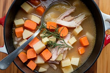 Wall Mural - Chopped Carrot and Parsnip with Chicken meat in the soup