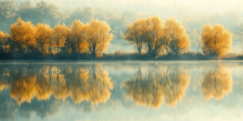 Fototapete - Golden autumn trees softly reflecting in calm water with a tranquil landscape, warm hues of yellow and orange in serene morning light.