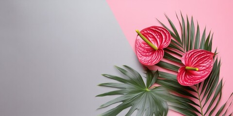 Poster - Vibrant red anthurium flowers positioned diagonally with green palm leaves against a soft pink and gray backdrop ideal for text placement