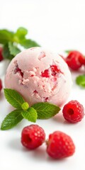 Wall Mural - Fresh raspberry sorbet served with mint leaves and whole raspberries for a delightful dessert experience