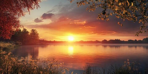 Fototapete - Tranquil lake sunset scene with vibrant orange and yellow hues reflecting on water surrounded by lush greenery and colorful autumn foliage.