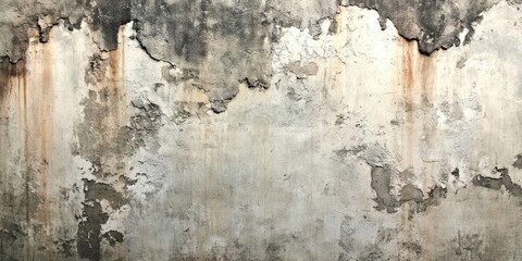 Poster - Weathered concrete wall with peeling paint and rust stains in gray and earthy tones, showcasing texture and contrast in a horizontal layout.