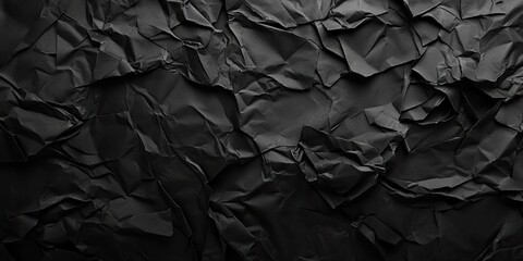 Poster - Textured black crumpled paper background with deep shadows and highlights creating a dramatic and artistic effect suitable for various design projects.