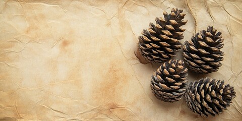 Poster - Textured vintage paper background with three dark stone pine cones arranged on the left, warm earthy tones with crinkled surface on beige backdrop