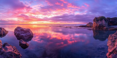 Aufkleber - Serene beach sunrise with vivid pink mauve and orange hues reflected in calm water, surrounded by rocky shelves under a partly cloudy sky.