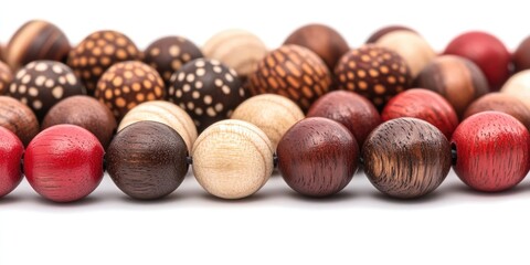 Leinwandbilder - Colorful assortment of wooden beads in varied natural shades and patterns arranged in a neat row against a white background.