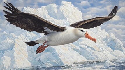 Wall Mural - Majestic Albatross in Flight Over Antarctic Icebergs.