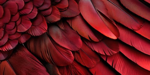Poster - Vibrant red bird feathers layered intricately showcasing various textures and shades, with darker hues towards the base creating depth and contrast.
