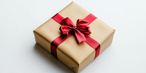 Poster - Gold gift box adorned with a vibrant red ribbon and bow atop a light background, perfect for celebrations like Valentineâ€™s Day or New Yearâ€™s.