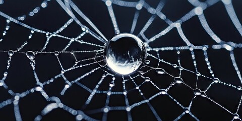 Leinwandbilder - Macro shot of a spider web featuring a large drop of condensation at the center, showcasing intricate details with a dark background and soft highlights.