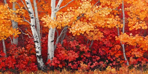 Poster - Autumn landscape featuring vibrant orange and red foliage surrounding white birch trees positioned centrally with a backdrop of dark reds and browns.
