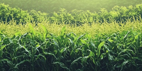 Poster - Vibrant green corn field with tall lush plants foreground and dense trees in soft focus background under bright sunlight creating serene agricultural scene