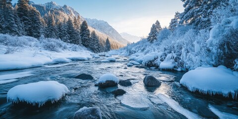 Aufkleber - Winter river landscape with snow-covered rocks and trees reflecting in a calm, icy stream under a clear blue sky and distant mountain peaks.