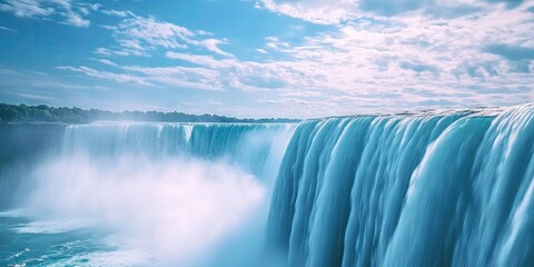 Aufkleber - Majestic cascading blue waterfall surrounded by mist and soft clouds under a bright sky with lush greenery in the background.