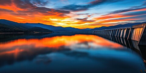 Aufkleber - Tranquil sunset over a dam with vibrant orange and blue hues reflecting on calm waters surrounded by mountains and dramatic cloud patterns