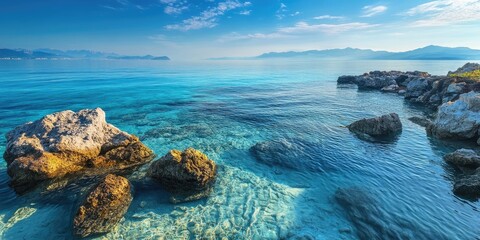 Aufkleber - Tranquil seascape with crystal clear turquoise water and smooth rocks in foreground under a bright blue sky with distant mountains on the horizon