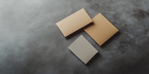 Poster - Elegant flat lay of three business cards on a textured gray background, featuring two brown cards and one light gray card with ample copy space.
