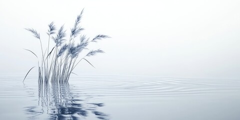 Aufkleber - Serene composition of tall reeds with delicate blue hues emerging from tranquil water, ripples surrounding them in a misty atmosphere.