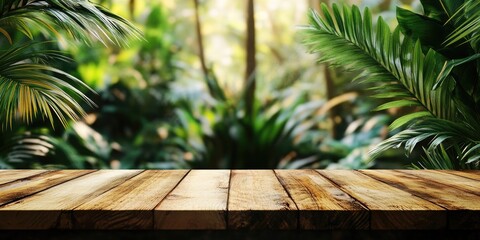 Aufkleber - Wooden tabletop in foreground with lush green tropical foliage in soft focus background creating a serene natural setting with warm sunlight.