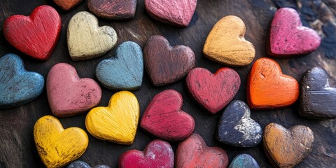Poster - Colorful wooden hearts arranged in a variety of colors including red, blue, yellow, pink, and orange scattered on a dark wooden surface