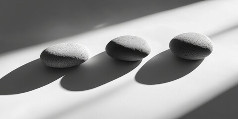 Leinwandbilder - Three smooth gray stones arranged in a row on a white surface with long shadows cast by natural light creating a serene monochromatic effect