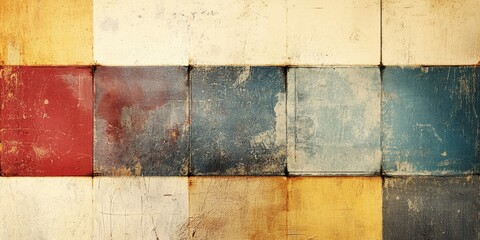 Poster - Vintage retro abstract textured background with squares in red, blue, yellow and beige arranged horizontally, offering ample copy space for design.