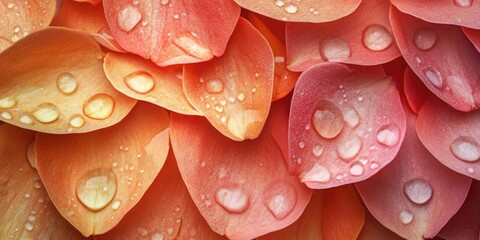 Fototapete - Close-up of delicate pink and orange flower petals with dew drops arranged horizontally on a soft background featuring ample copy space.