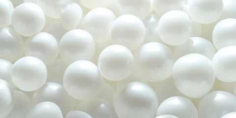 Poster - White inflatable plastic balls uniformly scattered, varying sizes create a soft textured background, highlights of light reflect on the smooth surface.