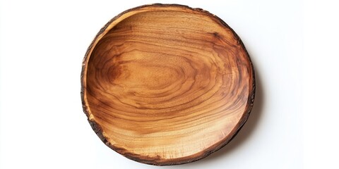 Leinwandbilder - Natural wooden plate with textured surface centered on white background, showcasing rich brown tones and organic shape for aesthetic appeal.